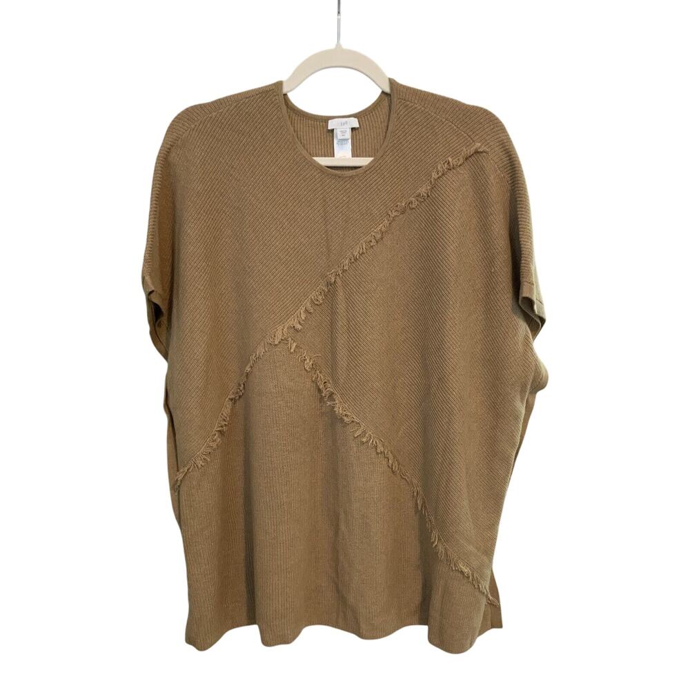 J Jill Size M/L Brown Knit Poncho Cotton Yak Hair Oversized Fringed Boho